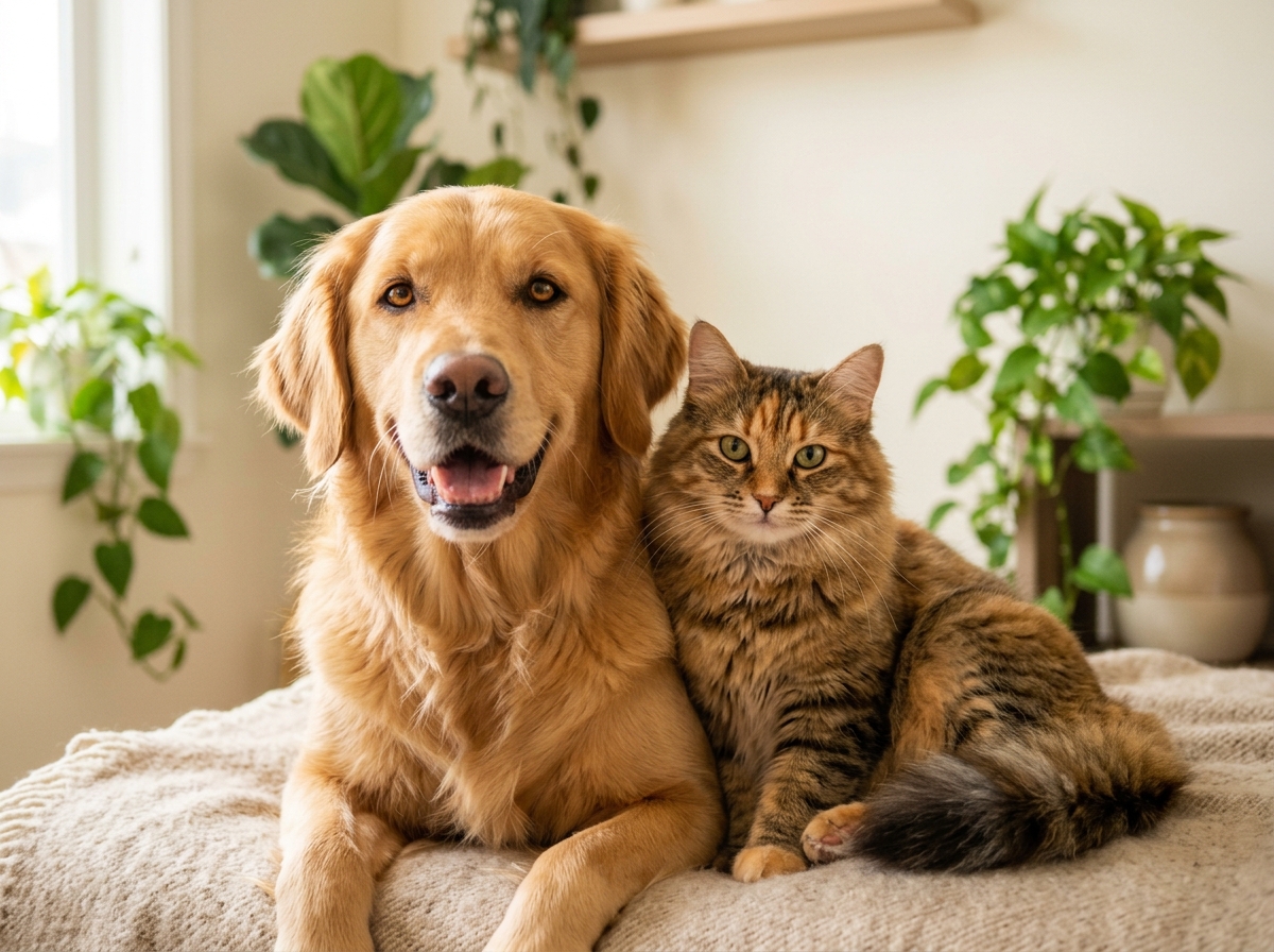 Golden retriever amigável e gato rajado felpudo sentados juntos confortavelmente