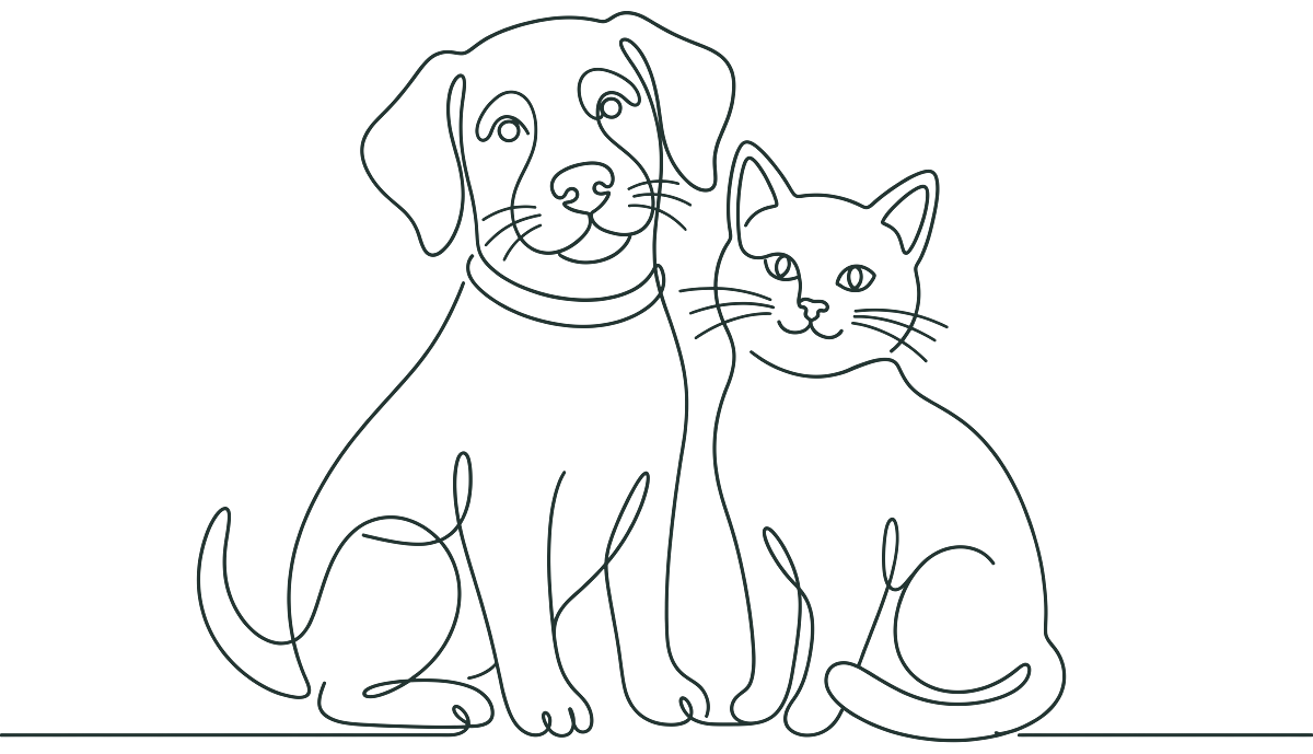 Ilustração delicada em lineart de traço contínuo de um cãozinho amigável e um gatinho sentados lado a lado